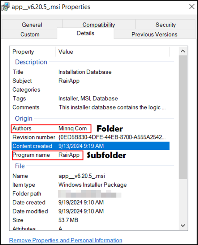 Properties of the MSI file