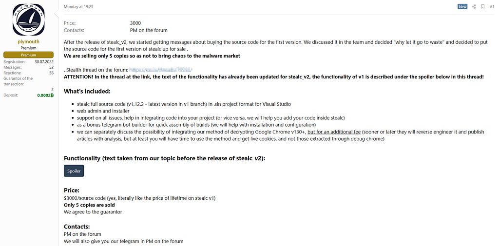 StealC developer announcing the sale of StealC v1.12.2