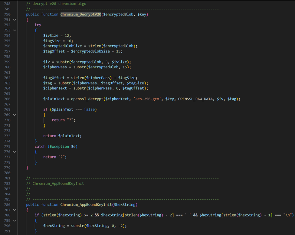 Snippet of PHP implementation to decrypt Chrome v20 encrypted data