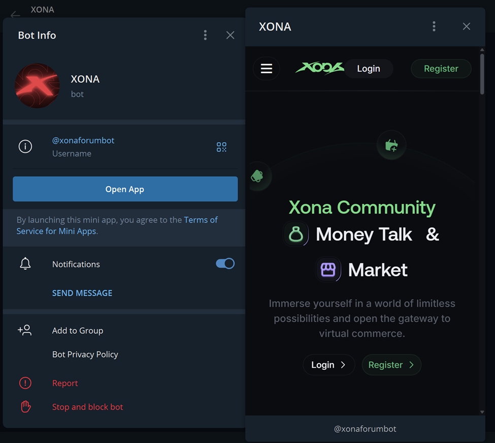 Xona mini app hosted on Xona´s Telegram bot