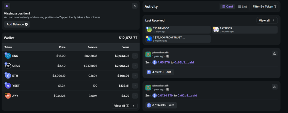 Wallet check on zapper.xyz