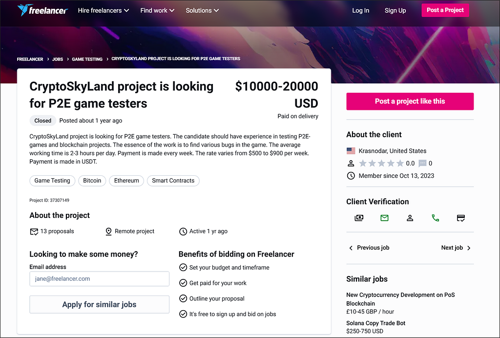 Fake job recruitment post on Freelancer