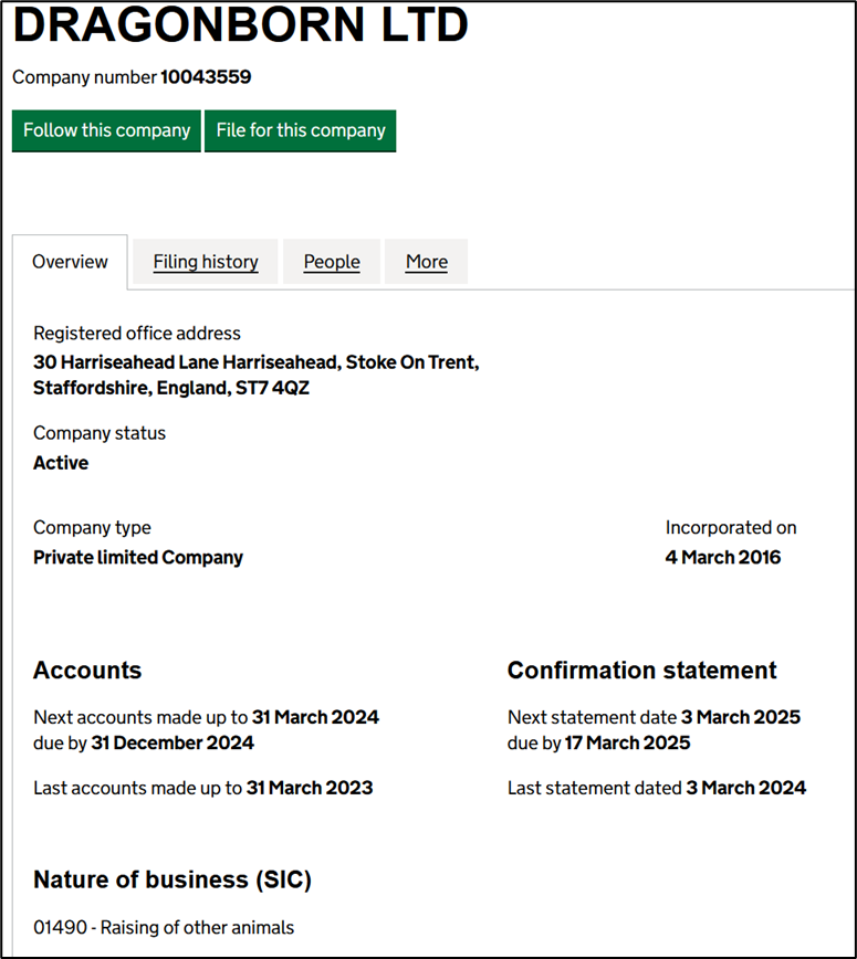 Registered company GENOM LTD (changed to DRAGONBORN LTD) on Companies House