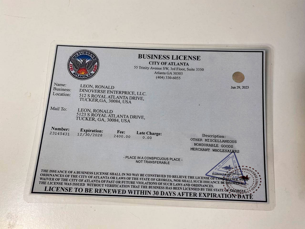 Dinoverse photo of printed business license provided to the workers