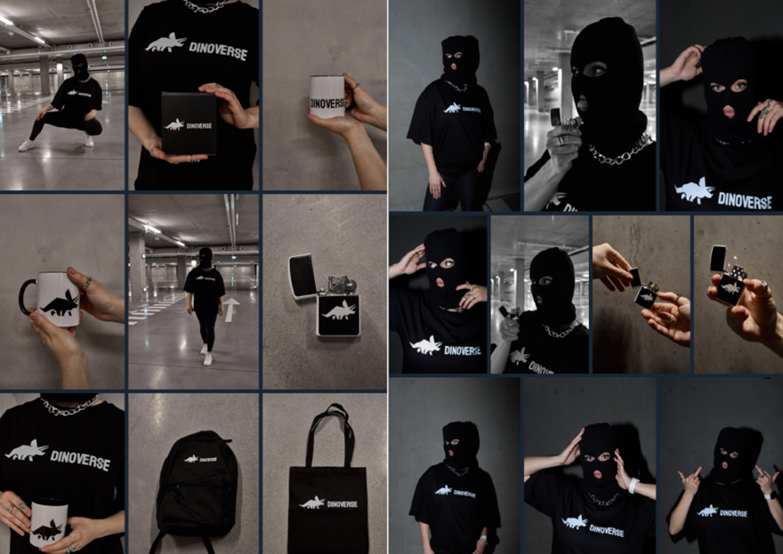 Examples of Dinoverse’s merchandising photoshoot in an underground parking