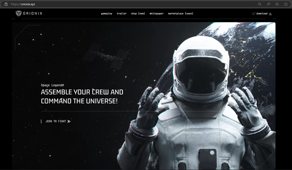 Orionix landing page with the gaming theme