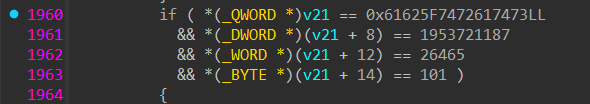 _The command string_is compared as raw integer chunks, decoded little-endian — _the constants spell “__start_backstage'.