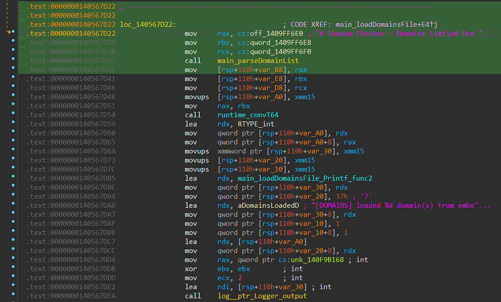 main.loadDomainsFile feeding the embedded list to main.parseDomainList