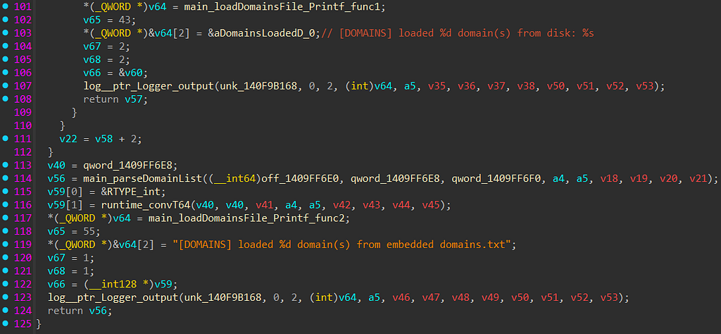main.loadDomainsFile function decompiled: checks domains.txt first; otherwise, it falls back to the embedded list