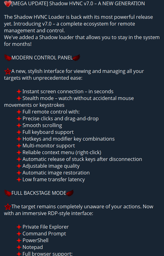 Shadow HVNC Loader advertisement (source: Telegram)