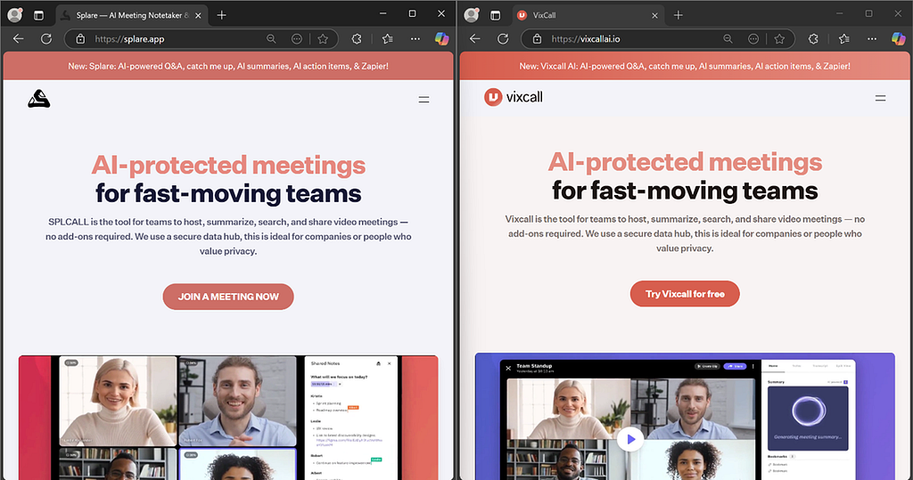 Splare and Vixcall landing pages