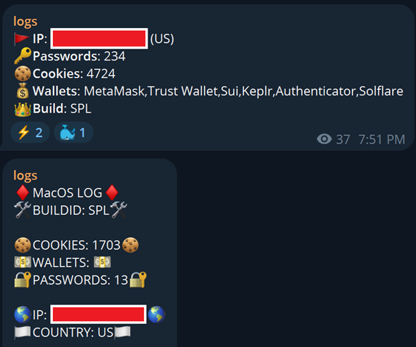 Telegram logs (Build ID “SPL”)
