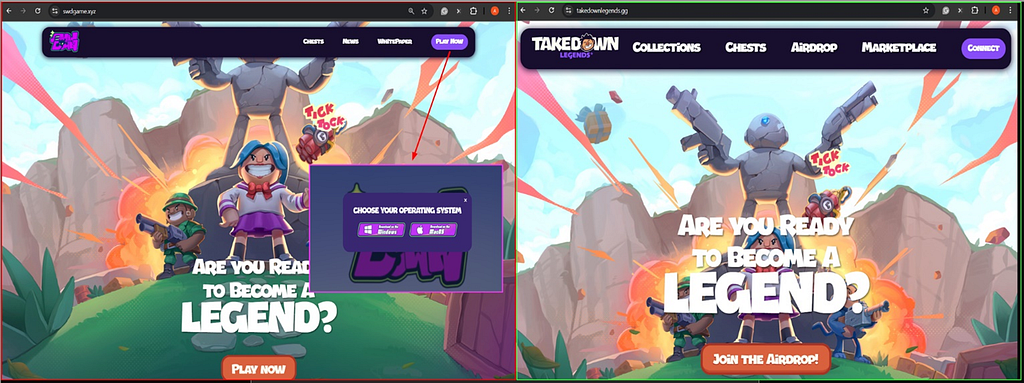 Wagmi malicious landing page (on the left), legitimate mobile game Takedown Legends (on the right)