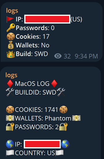 Telegram logs (Build ID “SWD”)