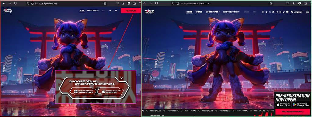 Wagmi malicious landing page (on the left), legitimate mobile game Tokio Beast (on the right)