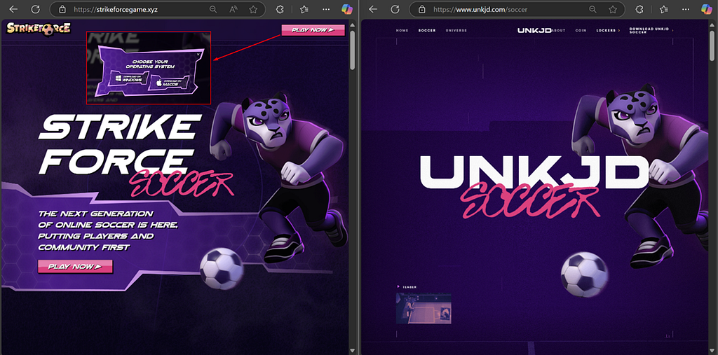 Wagmi malicious landing page (on the left), legitimate mobile game UNKJD Soccer (on the right)