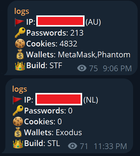 Telegram logs (Build IDs “STF” and “STL”)
