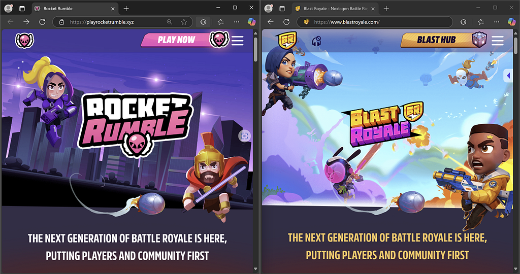 Wagmi malicious landing page (on the left), legitimate mobile game Blast Royale (on the right)