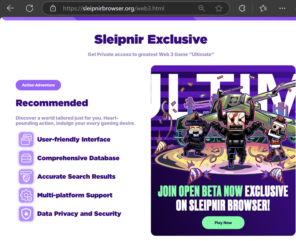 Abandoned landing page referencing Battle Ultimate game hosted on Sleipnir browser website