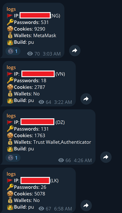Telegram logs (Build IDs “pu”)