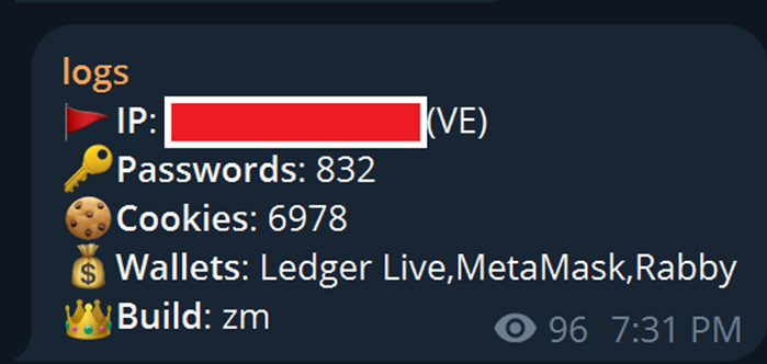 Telegram logs (Build IDs “zm”)