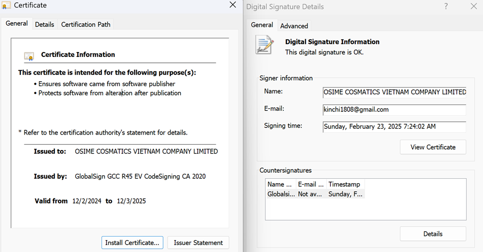 Payload signed with an EV certificate issued by GlobalSign (1)