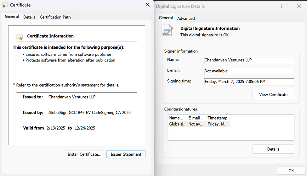 Payload signed with an EV certificate issued by GlobalSign (2)