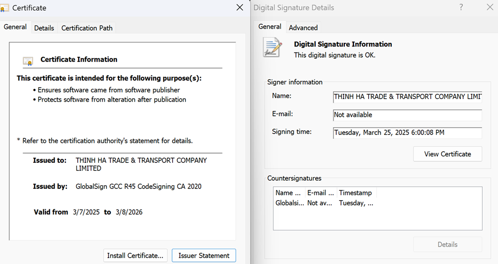 Payload signed with an EV certificate issued by GlobalSign (3)
